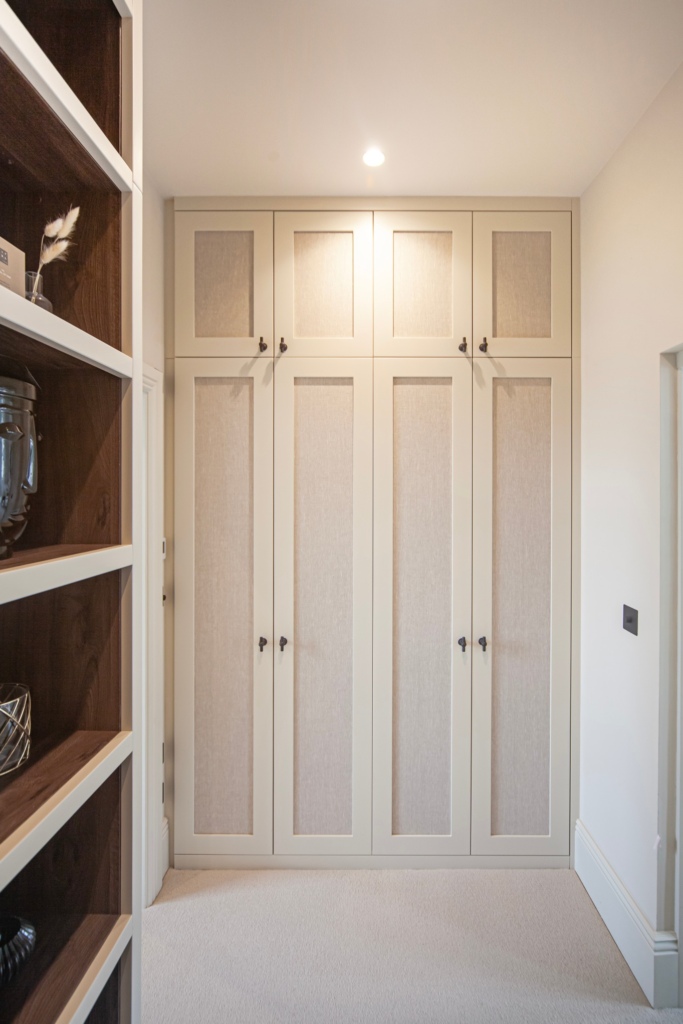 fitted walk in wardrobe shaker style sprayed fabric doors