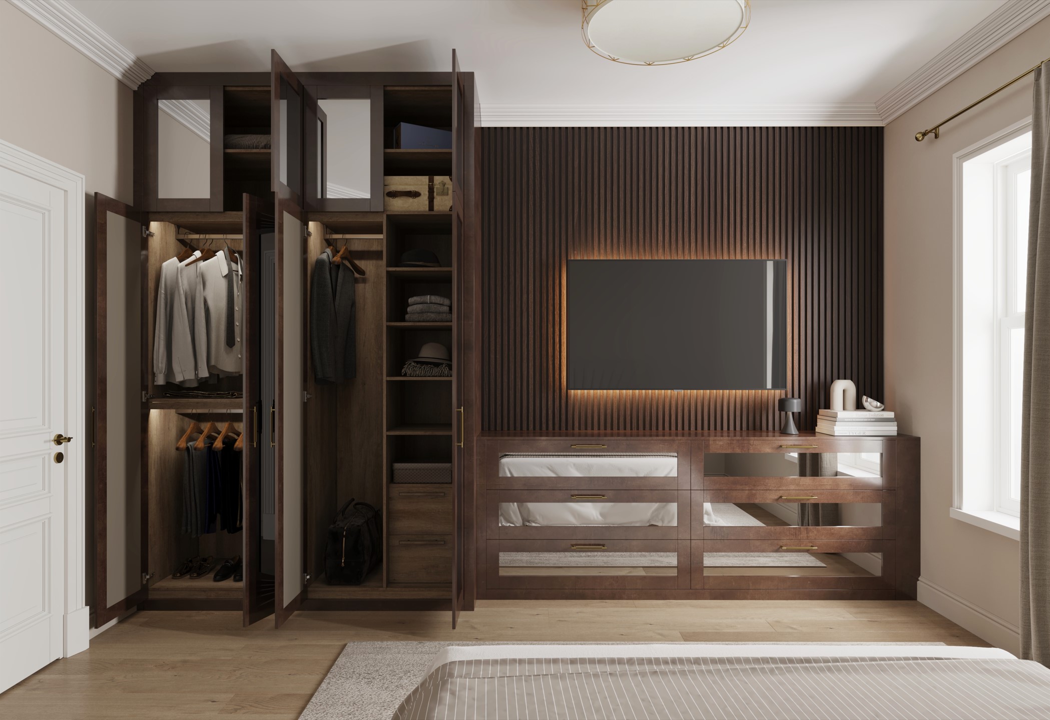 reeded wall panels TV unit fitted wardrobes