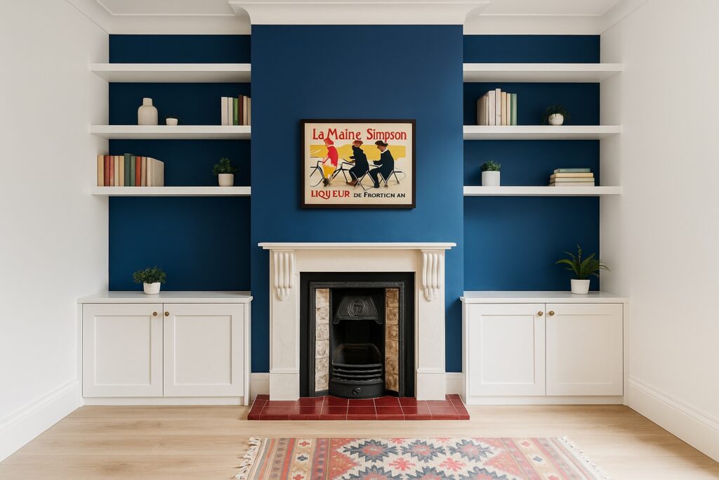 fitted hand painted Alcove cupboards with floating shelves