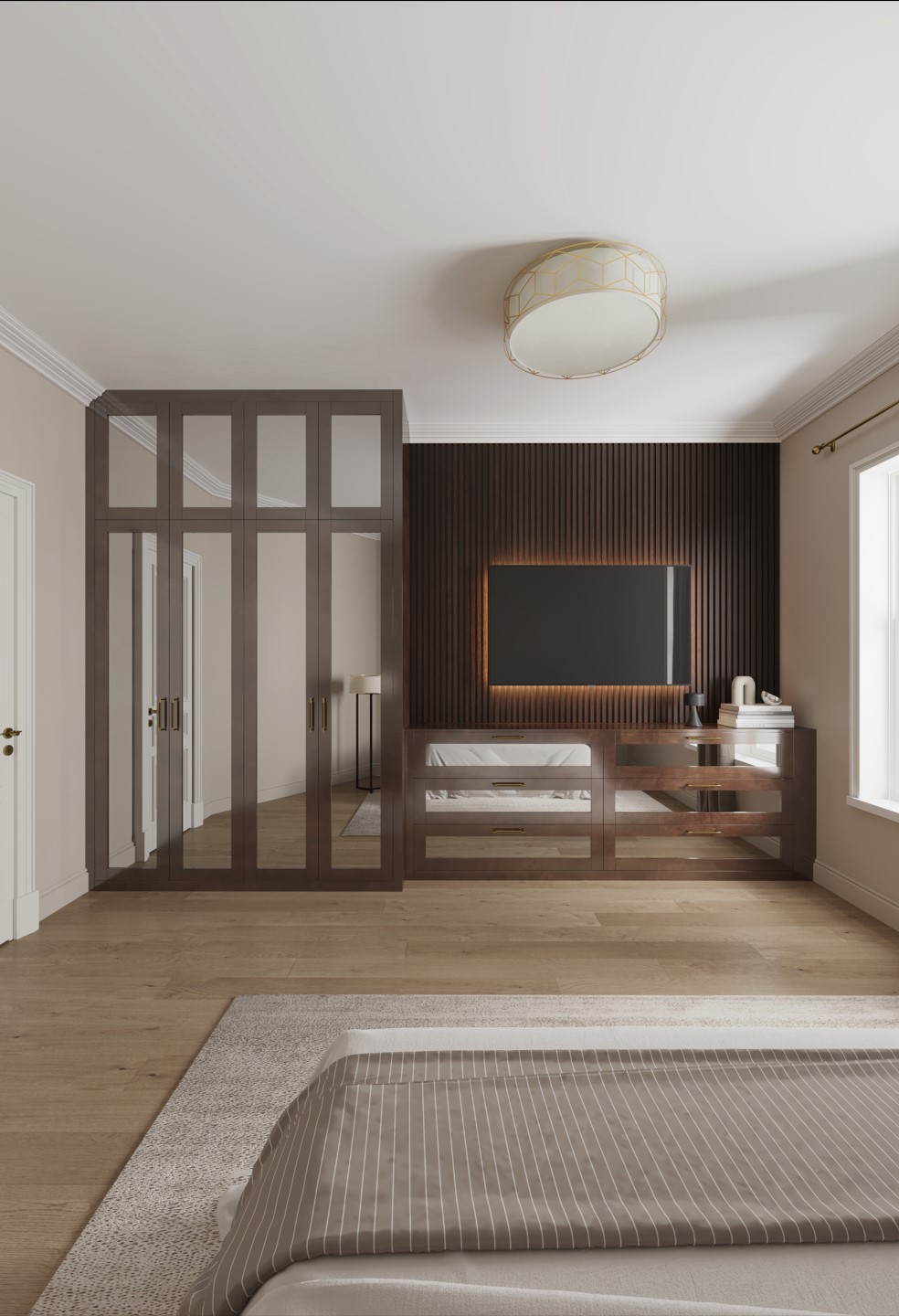 fitted bedroom wardrobes with slatted wood panels