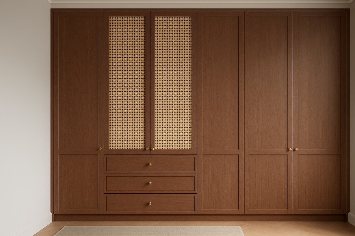 real oak or walnut shaker wooden doors with rattan inserts
