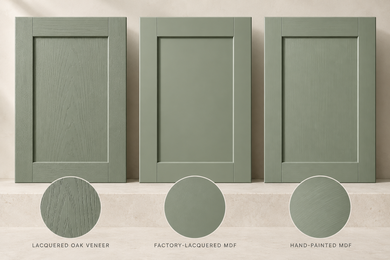 Three shaker door finishes: Lacquered Oak Veneer, Factory-Lacquered MDF, Hand-Painted MDF