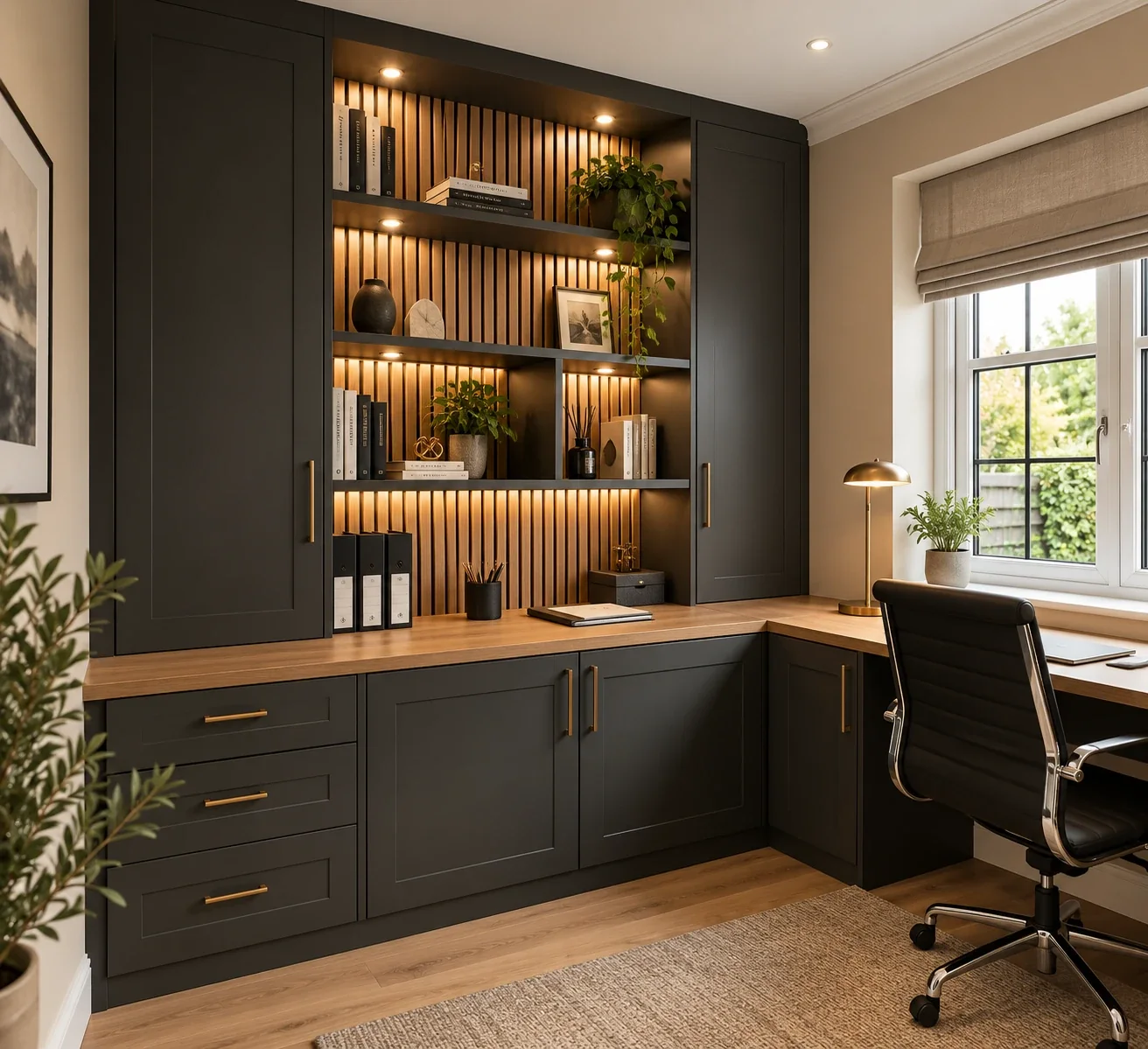 Home office with lit shelving