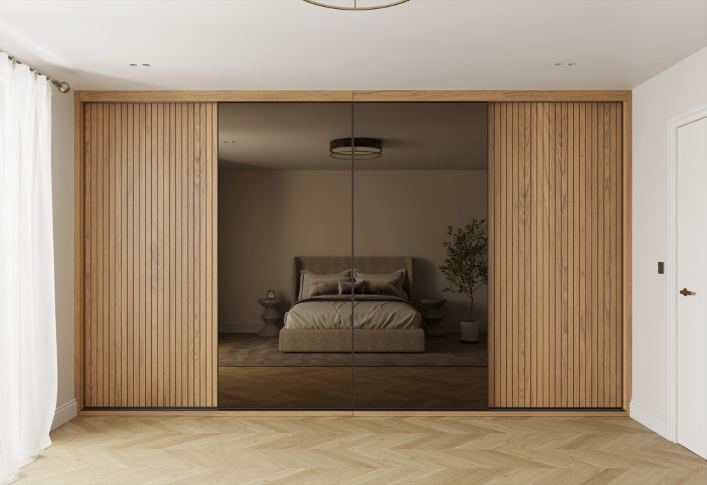 A wardrobe with wooden slatted panels and fitted sliding doors
