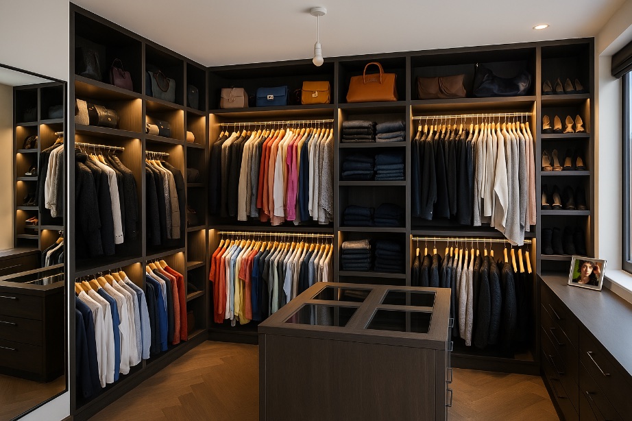 dark wood walk in wardrobe