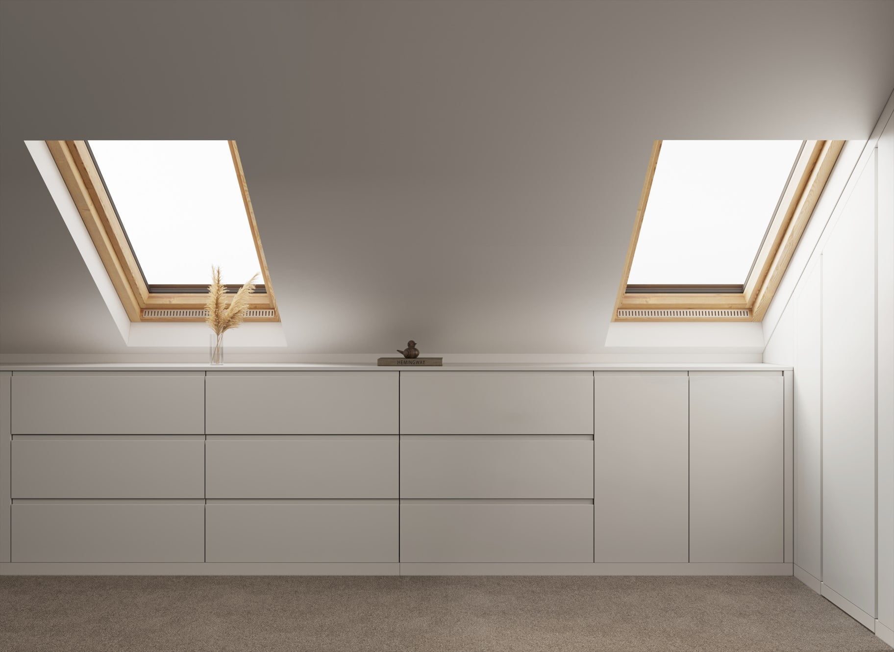 Loft room bespoke wardrobes lacquered wood doors, grooved handles ...
