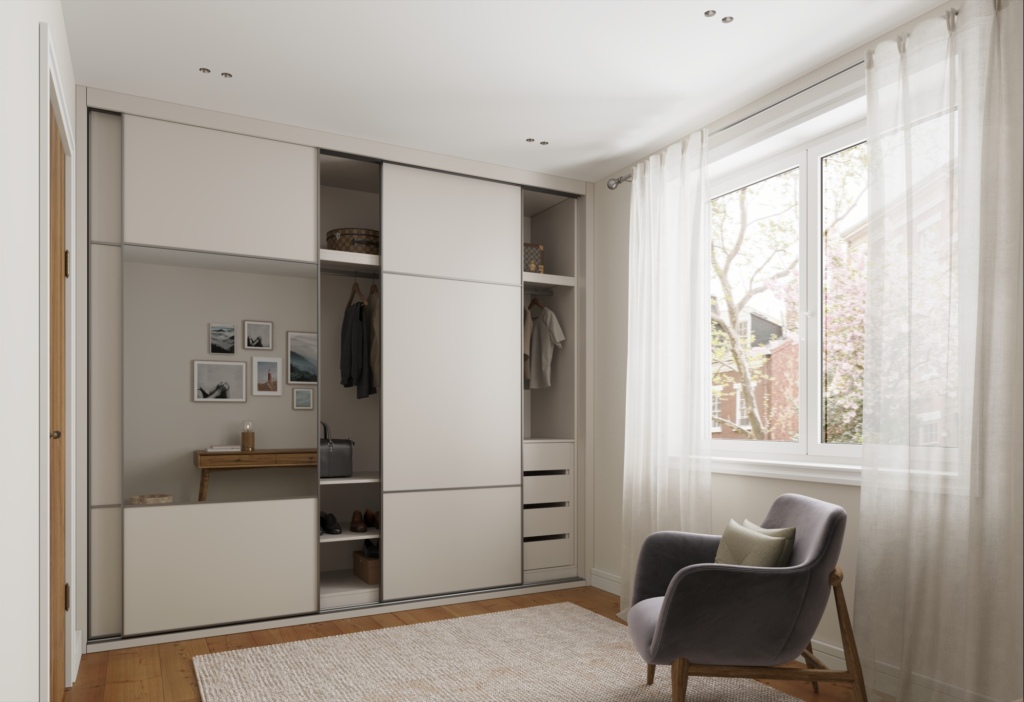 Grey fitted sliding wardrobes with sliding doors