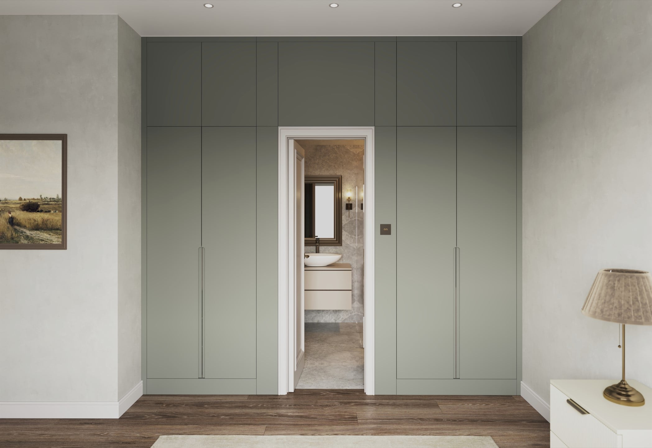 Contemporary lacquered wardrobes built around doorway leading to bathroom